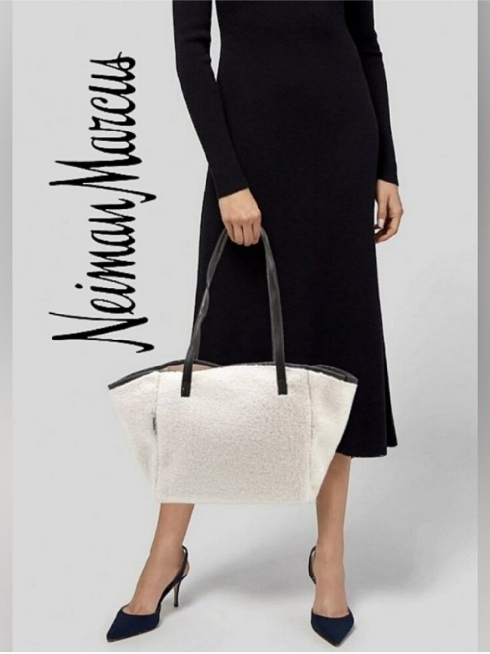 Neiman Marcus Cream Shearling Tote with Black Handles